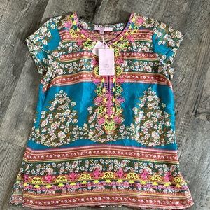 Calypso St Barth Multicolor Floral Print Metallic Embroidered Silk Blouse